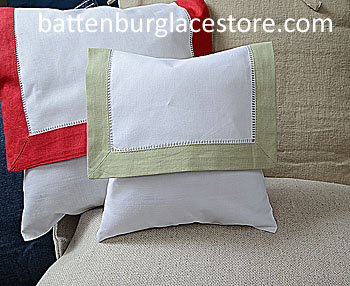 Envelope Pillow.Baby Size 8 in. White with MELLOW GREEN Trim.